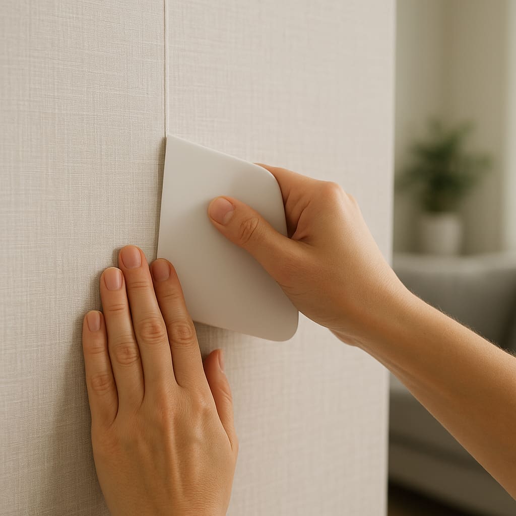 Tapezierarbeit mit Glättungswerkzeug an einer Innenwand